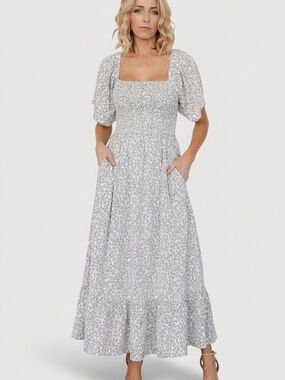 Baltic Born Cassis Smocked Midi Dress | Ivory + Black Floral Size SS